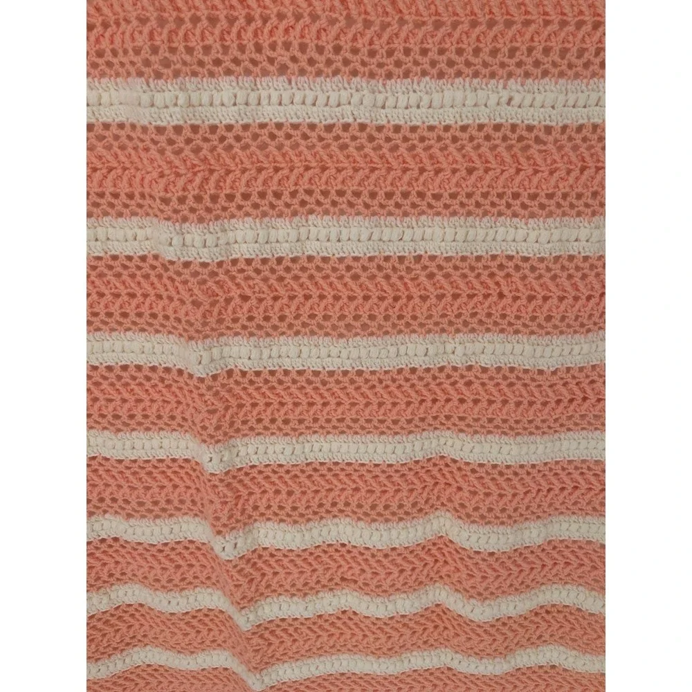 VINTAGE CROCHET‎ HAND KNITTED PEACH And White THROW BLANKET
